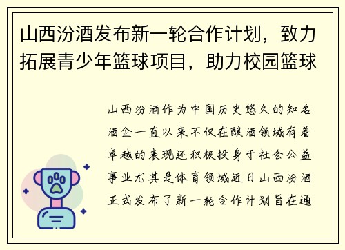 山西汾酒发布新一轮合作计划，致力拓展青少年篮球项目，助力校园篮球发展